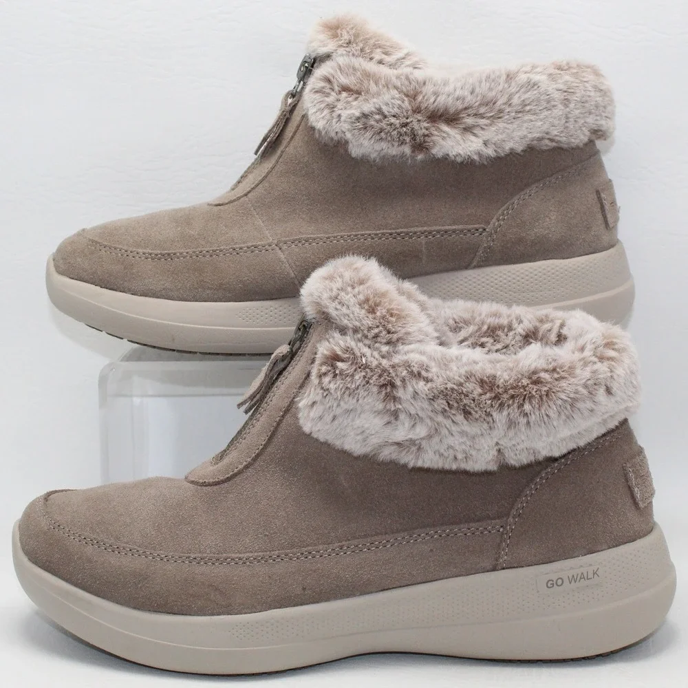 Skechers Go Walk Joy Women 7 Dark‎ Taupe Suede Faux Fur Zip Winter Boots 144664